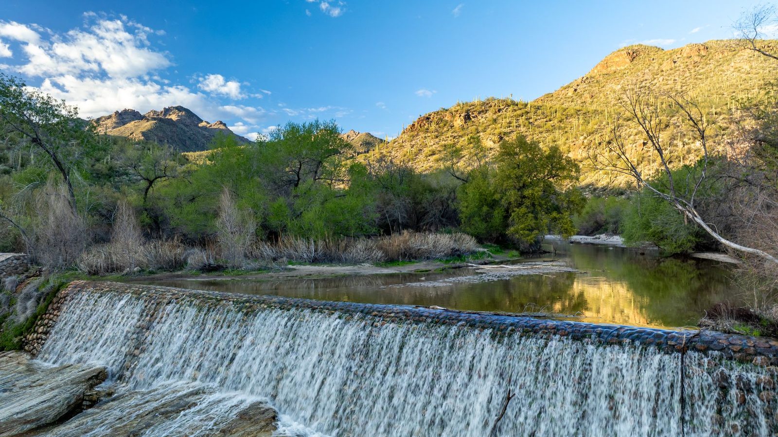 Water spilling over the dam at Sabino Canyon in Tucson, Arizona